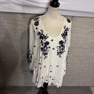 Free People Embroidered‎ V-Neck Mini Dress Ivory Black Floral Boho XS thumbnail 3