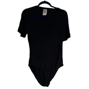 Free People Black Deep V Neck Short Sleeve Thong‎ Bodysuit L Made in USA thumbnail 2