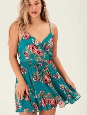 Xhilaration Women XL Teal Green‎ Floral Surplice Smocked Mini Sleeveless Dress thumbnail 1