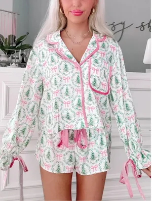 Under The Tree Christmas Pajama Set With Velvet Ties Top XS Bottoms M thumbnail 2