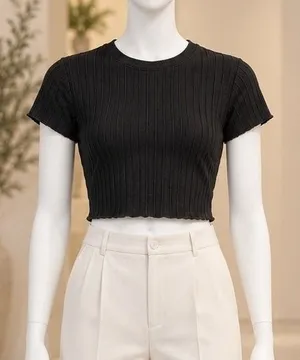 Forever 21 Womens Crop Top Ribbed Short Sleeve Crew Neck Black S thumbnail 1