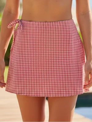 Shade & Shore Red Gingham Tie-Waist Swim Cover-Up Skirt XL 16 NWT thumbnail 1