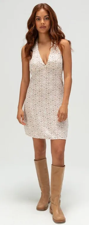 ROXY Ocean Boulevard Womens Halter Dress L Tie White Floral Flower Pink thumbnail 1