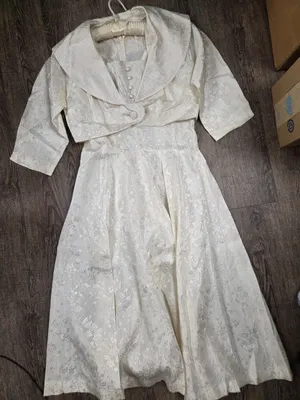 Vintage 1950s Brocade Antique Wedding Bride Dress with Jacket Small Cream Ivory thumbnail 1