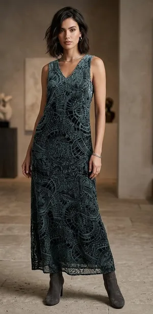 Johnny Was Teal Lace V-Neck Maxi Dress thumbnail 1