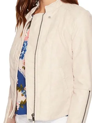 Free People Light Cream Women's Zip-Front Jacket Sz 6 faux Leather thumbnail 2