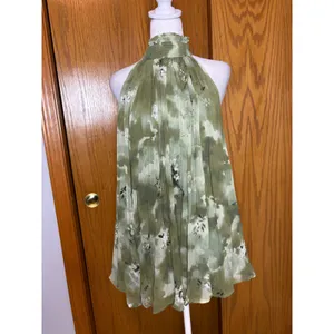 Anthropologie Sage Green Abstract Floral High Neck Open Back Halter Top Size M thumbnail 3