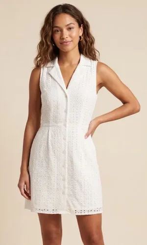 Black Poppy | White Eyelet Lace Sleeveless‎ Button Front Mini Dress, Size M thumbnail 1