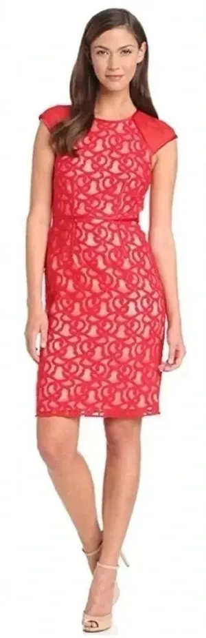 Adrianna Papell Dress Women's Cap Sleeve Red Tonal Piped Lace Knee Length Size 8 thumbnail 1