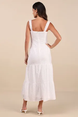 New Lulus Nerissa White Eyelet Embroidered Ruffled Drop Waist Midi Dress Size XS thumbnail 4