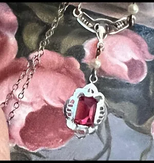 10K Gold 13” Red Stone/Pearl Drop Necklace thumbnail 8