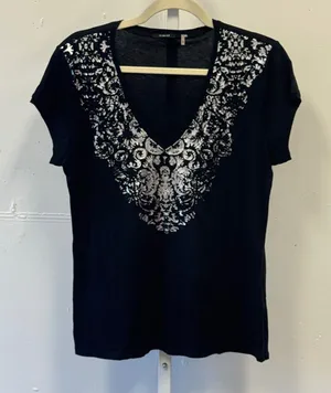 Tahari Womens Black Silver Metallic Damask V-Neck Cotton T-Shirt Size Large thumbnail 1