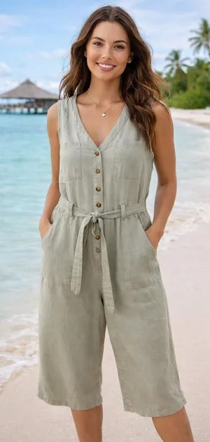 A New Day Linen Blend Sleeveless Jumpsuit - Tan/Oatmeal - Size Small thumbnail 1