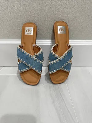 DV by Dolce Vita Light Blue Denim Cross-Strap Slide Sandals with Cream Stitching thumbnail 6