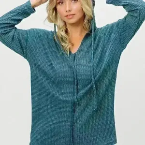 Dark‎ Teal V-Neck Waffle Knit Hoodie Top size S thumbnail 4