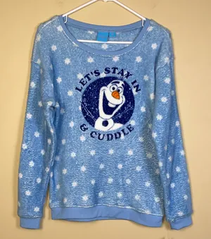 NWT Disney Frozen Women's Olaf Cuddle Fleece Soft Cozy Blue White Sweater thumbnail 1