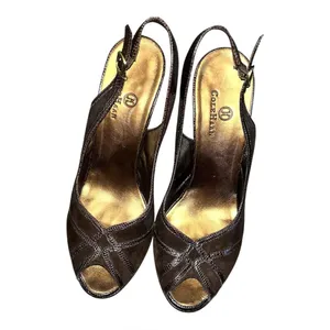 Vintage y2k Cole Haan Brown High Heels Gold Buckle Slingback Shoes Peep Toe thumbnail 2