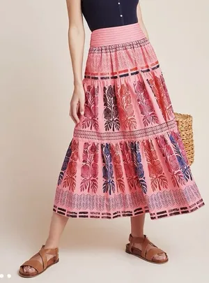 Bloomingprint Anthropologie Pink Floral Block Print Tiered Midi Skirt Boho thumbnail 1