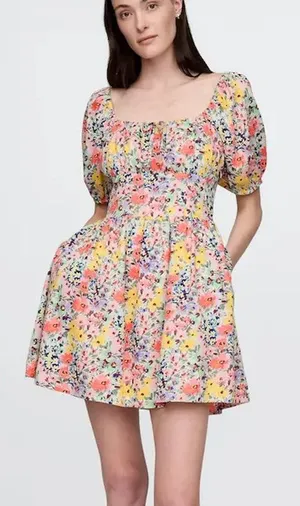 Gap Floral Puff-Sleeve Square Neck Smocked Babydoll Mini Dress Multicolor XS thumbnail 1