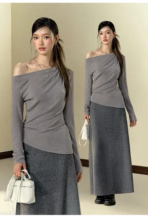 Gray Draped Neck Long Sleeve Top Size L thumbnail 1