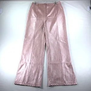 Forever 21 Metallic Pink Faux Leather Wide Leg Pants High Rise Slit Hem Large thumbnail 6