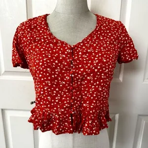Harper burnt orange floral short sleeved V neck crop top thumbnail 3