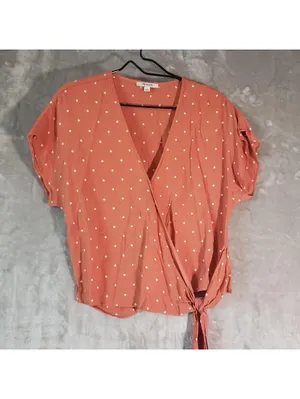 Madewell Wrap Tie Blouse Pink White Polka Dot V-Neck Short Sleeve Size M thumbnail 3