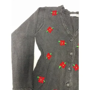 Victoria Jones VintageSweater Poinsettia Cardigan Beaded Christmas Grandma M thumbnail 3