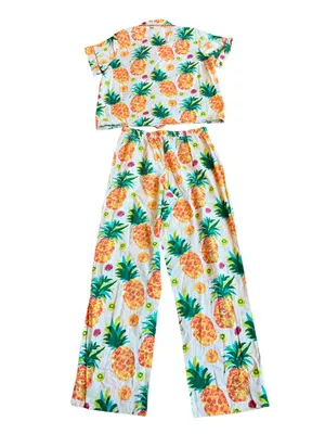 Sleep Sense Ivory Tropical Pineapple Print Pajama Set Shirt Pants Small Women's thumbnail 6