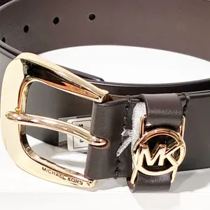 Michael Kors Dark Brown Leather Belt Gold-Tone Singnature MK Logo Hardware‎ NEW thumbnail 2