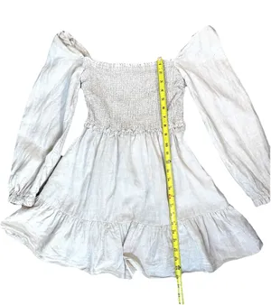 Aritzia Wilfred Tempest Natural Oatmeal Organic Linen Smocked Mini Dress S Boho thumbnail 6