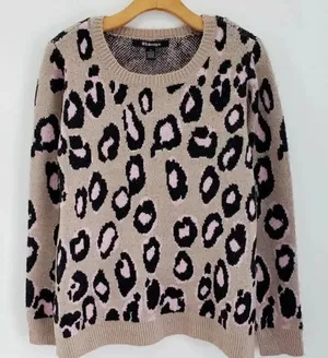By Design Leopard Print Ivory Rose Knit Crewneck Pullover Sweater thumbnail 1
