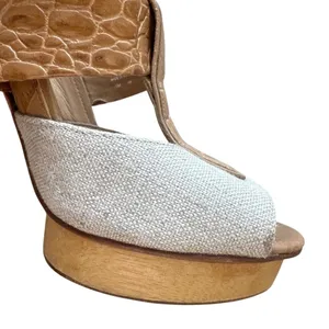 Tory Burch Georgina Linen Platform Heels Croc Leather Peep Toe‎ Sz 9 thumbnail 9