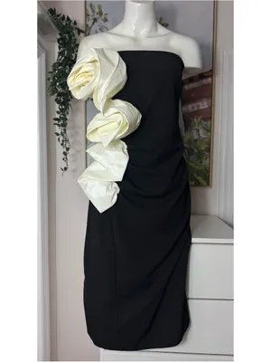 New York & Company Black Cream 3D Rosette Strapless Cocktail Dress Midi XL NWT thumbnail 6