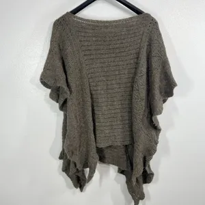 Free People Rosie Lee Poncho‎ Medium Brown Open Knit Ruffle Hem Boho Oversized thumbnail 2