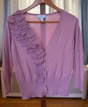 LOFT Dusty Rose Ruffle-Trim V-Neck Cardigan Size M thumbnail 1