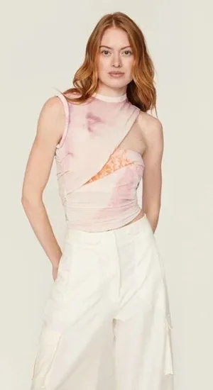 JONATHAN SIMKHAI Pink White Marble Draped Asymmetrical Top size Large thumbnail 1