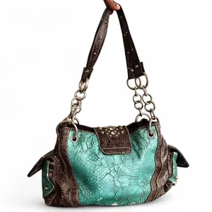 Y2K 2000s Western Mcbling Bimbo Goth Leather Rhinestone Large Buckle Hand Shoulder Bag Purse Preppy bedazzled silver stud blue turquoise brown #cowgirl #whimsygoth #grunge #punk #stagecoach festival Measurement in pics Some distressing see pics thumbnail 4