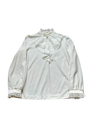 Vintage Women’s Victorian Blouse Cream Lace Ruffles Neck Edwardian Regency thumbnail 2
