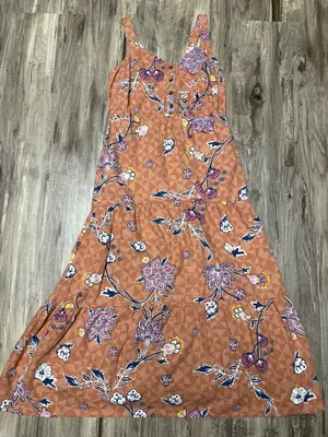 Sonoma Linen Blend Tiered Maxi Dress S Smocked Back Orange Floral thumbnail 1