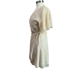 Zara Light Beige Sequin Mini Wrap Dress Party Cocktail Holiday Size‎ L thumbnail 2
