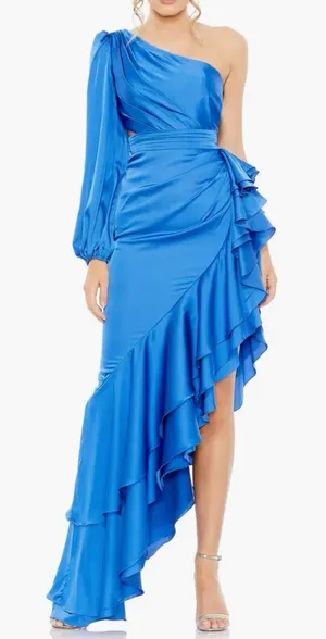 Mac Duggal Pleated Cascade Detail One-Shoulder Satin A-Line Gown Size 6 Cobalt thumbnail 1
