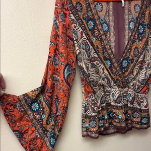 Free People Wrap Peplum Blouse in Brown and Orange Long Flared Sleeves thumbnail 1