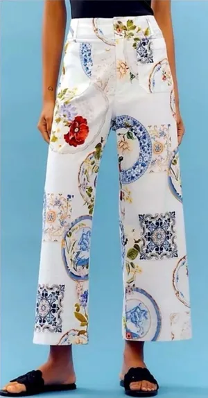 Anthropologie Maeve Colette Floral Porcelain Print Wide-Leg Pants Costal Travel thumbnail 1