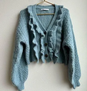 Zara Alpaca Blend Blue Ruffle Button Front Knit Puff Sleeve Sweater Size Small thumbnail 1
