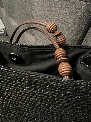Woven Black Straw Tote with Wood-Accent Handles thumbnail 2