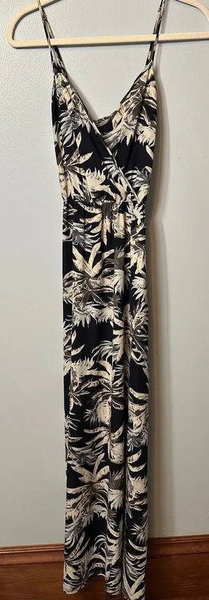 Blu Pepper Women Black Ivory Tropical Palm Leaf Print Wrap V-Neck Maxi Dress S thumbnail 1