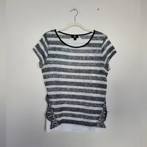IZ Byer Black White Stripe Mixed Media Blouse Top Lace Knit Semi Sheer Size XL thumbnail 6