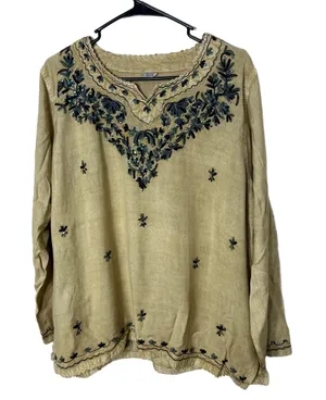 Beige Embroidered Long Sleeve‎ Pullover V Neck Bohemian Top Free Size Womens thumbnail 1