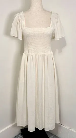 Madewell Lucie Smocked Linen Blend Midi Dress Sz S White thumbnail 1